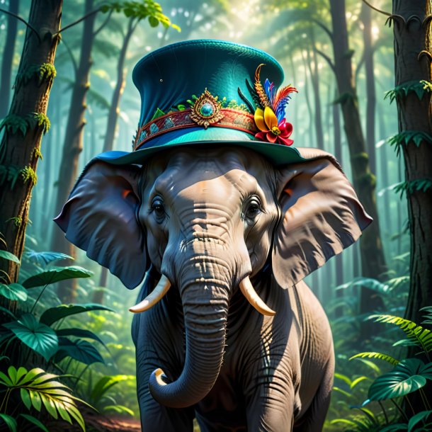 Pic of a elephant in a hat in the forest