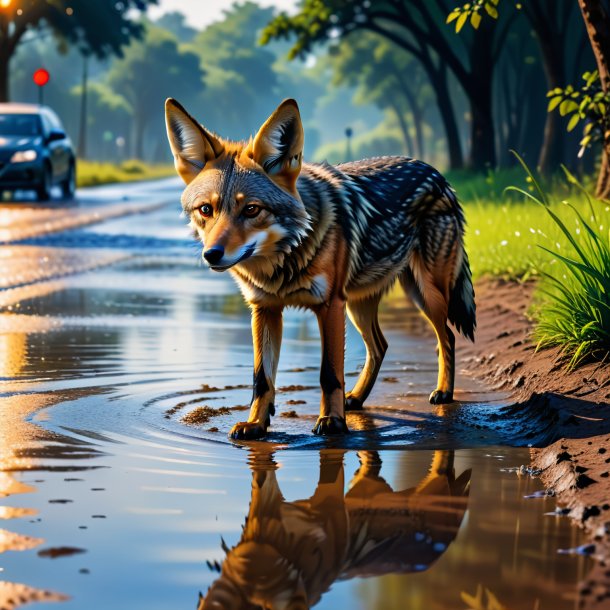 Uma imagem de um chacal à espera na poça