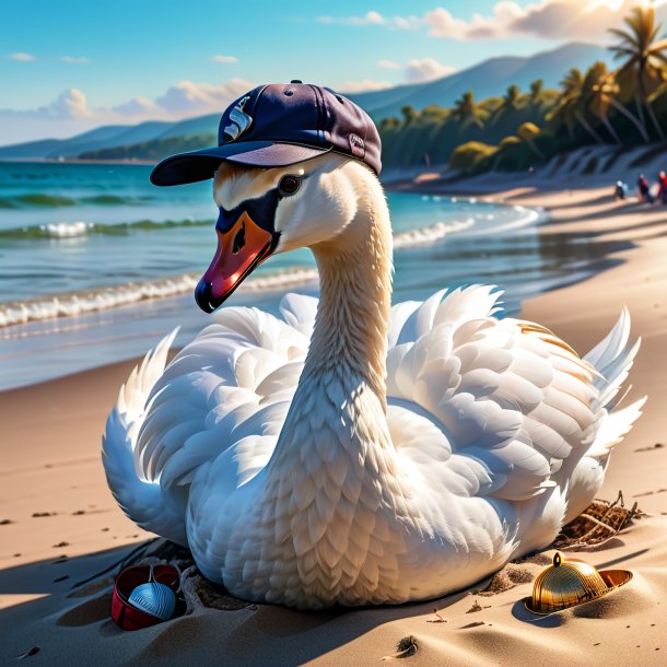 Desenho de um cisne em um boné na praia