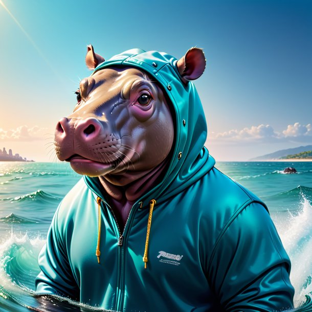 Image of a hippopotamus in a hoodie in the sea