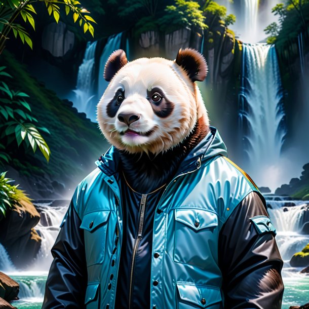 Photo of a giant panda in a jacket in the waterfall