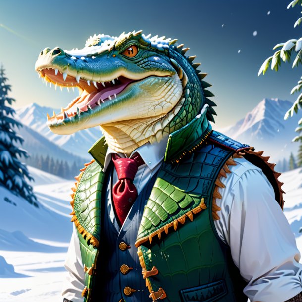 Illustration d'un crocodile dans un gilet dans la neige