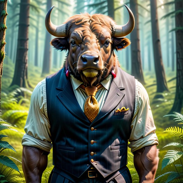 Photo of a buffalo in a vest in the forest