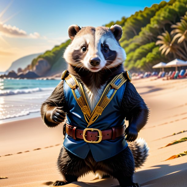 Image of a badger in a belt on the beach