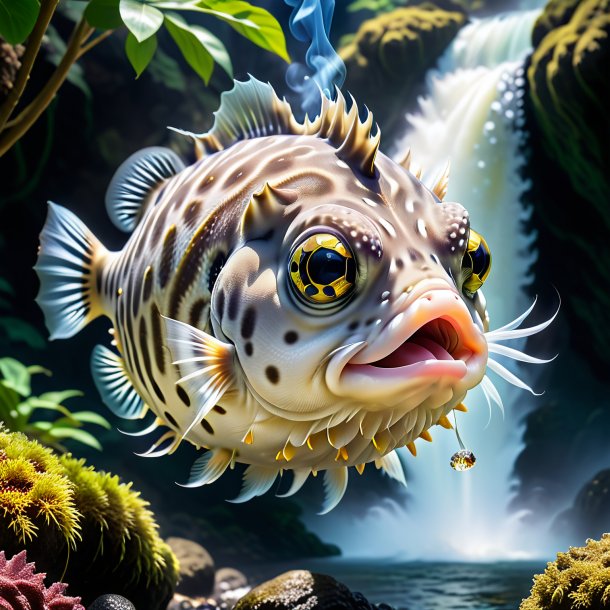 Image of a smoking of a pufferfish in the waterfall