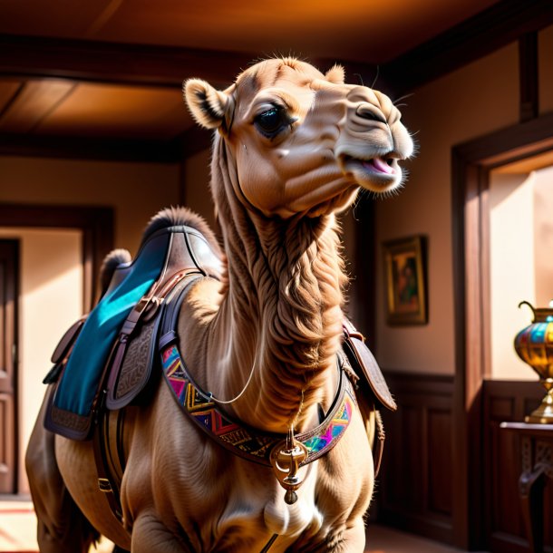 Image of a camel in a belt in the house