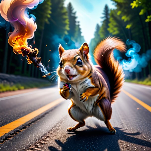 Image of a smoking of a flying squirrel on the road