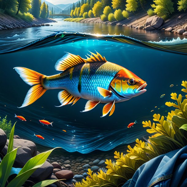 Drawing of a fish in a jeans in the river