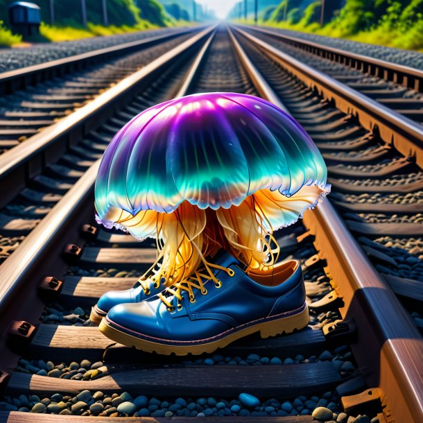 Image of a jellyfish in a shoes on the railway tracks