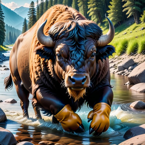 Picture of a buffalo in a gloves in the river