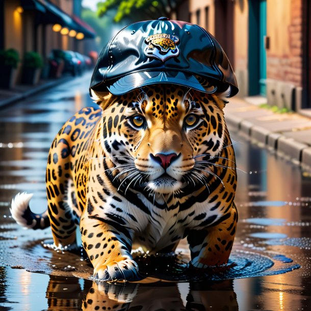 Picture of a jaguar in a cap in the puddle