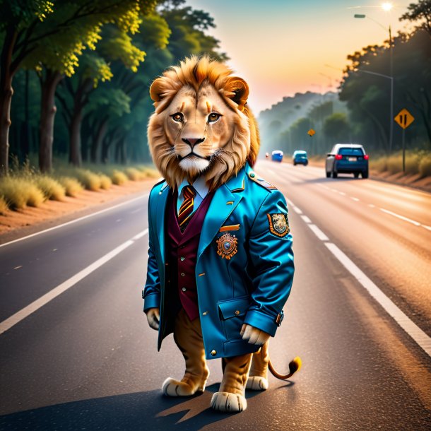 Image of a lion in a jacket on the road