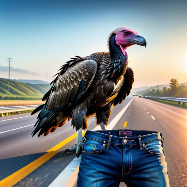 Picture of a vulture in a jeans on the highway