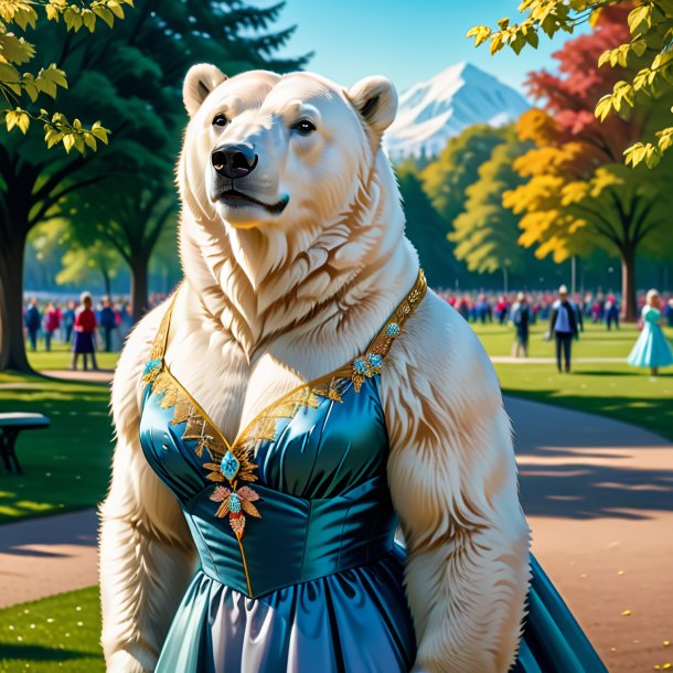 Illustration of a polar bear in a dress in the park