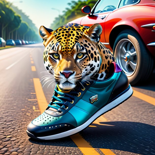 Drawing of a jaguar in a shoes on the road