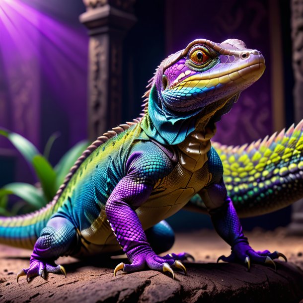 Image of a monitor lizard in a purple shoes