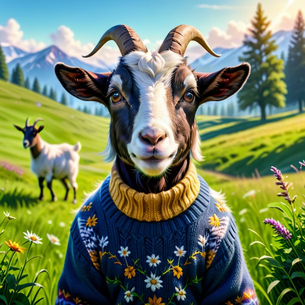 Picture of a goat in a sweater in the meadow