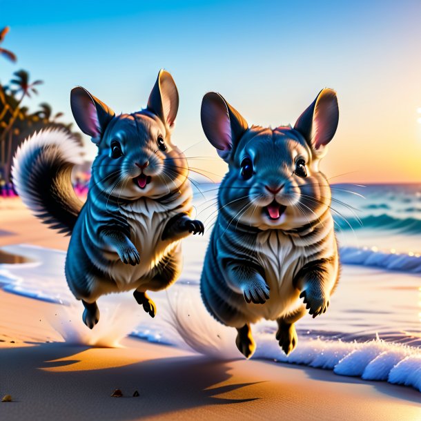 Picture of a jumping of a chinchillas on the beach