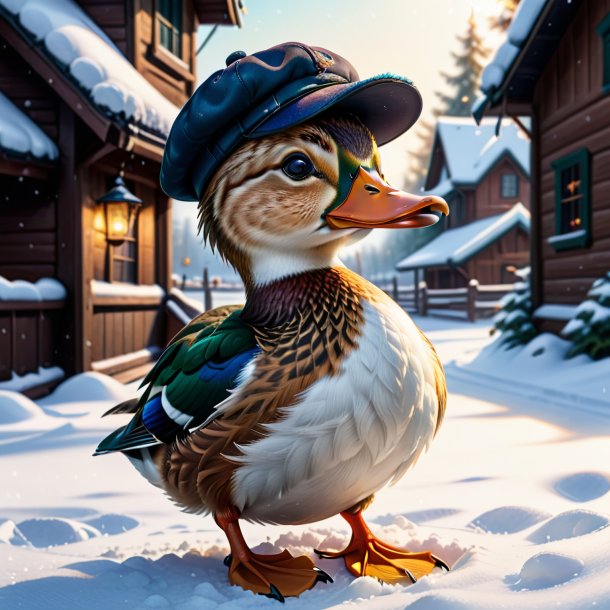 Drawing of a duck in a cap in the snow