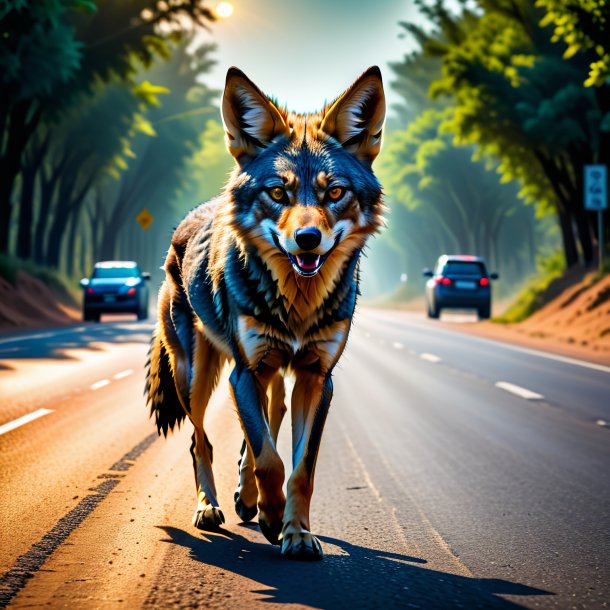 Photo of a threatening of a jackal on the road