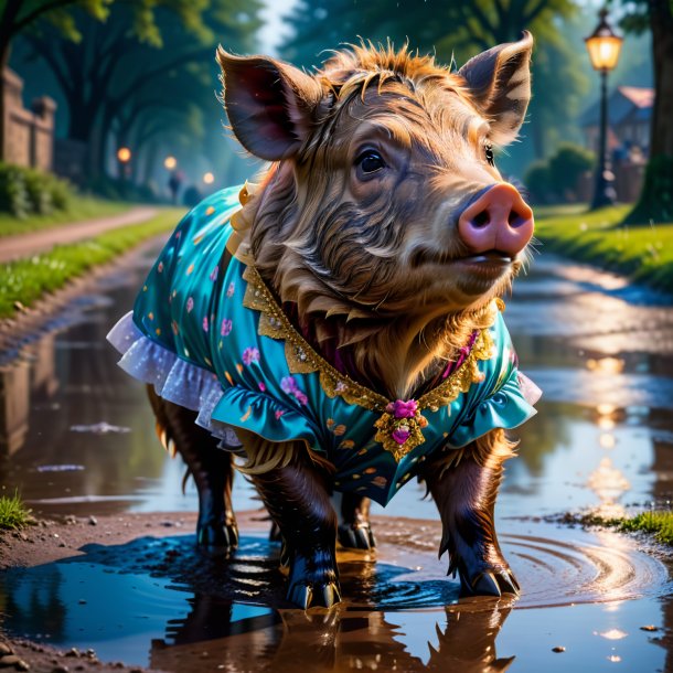 Picture of a boar in a dress in the puddle