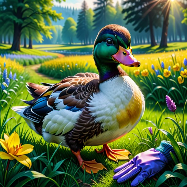 Drawing of a duck in a gloves in the meadow