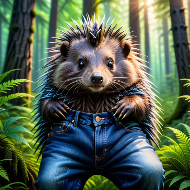 Image of a porcupine in a jeans in the forest