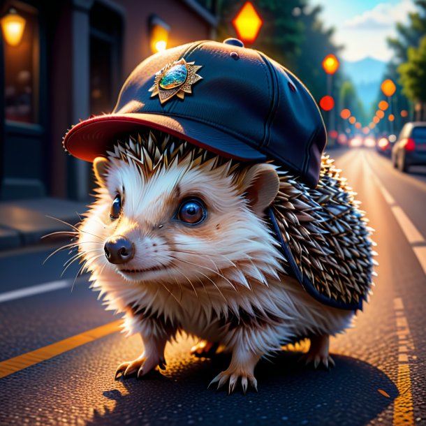 Illustration of a hedgehog in a cap on the road