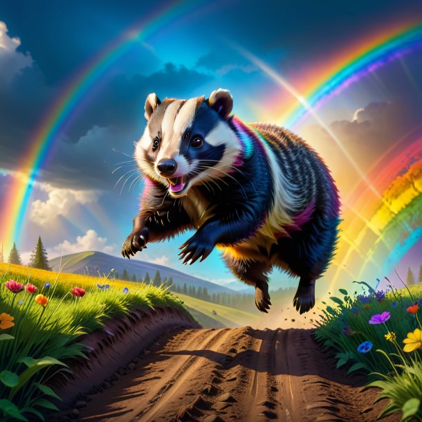 Image of a jumping of a badger on the rainbow