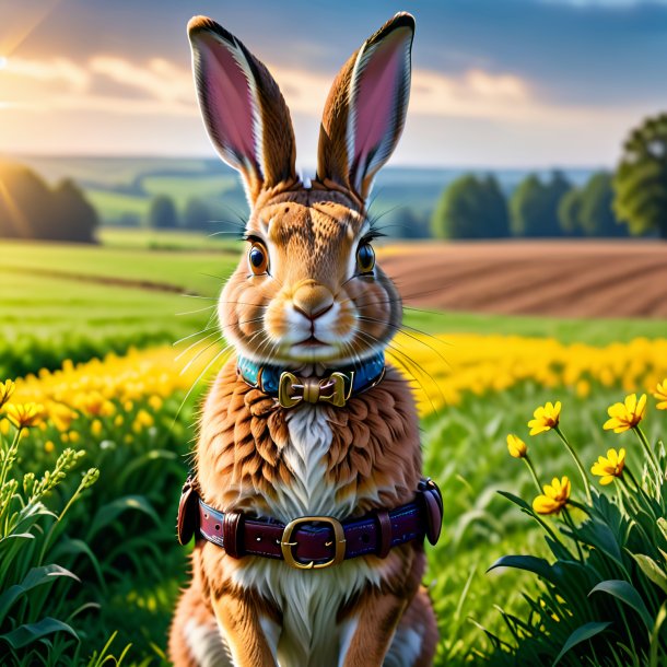 Image of a hare in a belt on the field