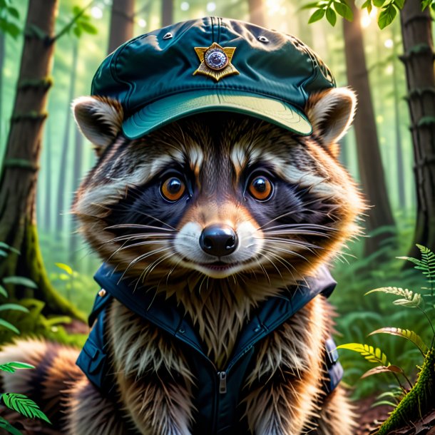 Imagen de un mapache en una gorra en el bosque