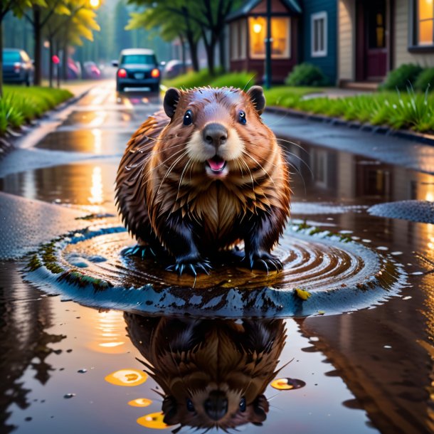 Picture of a beaver in a shoes in the puddle