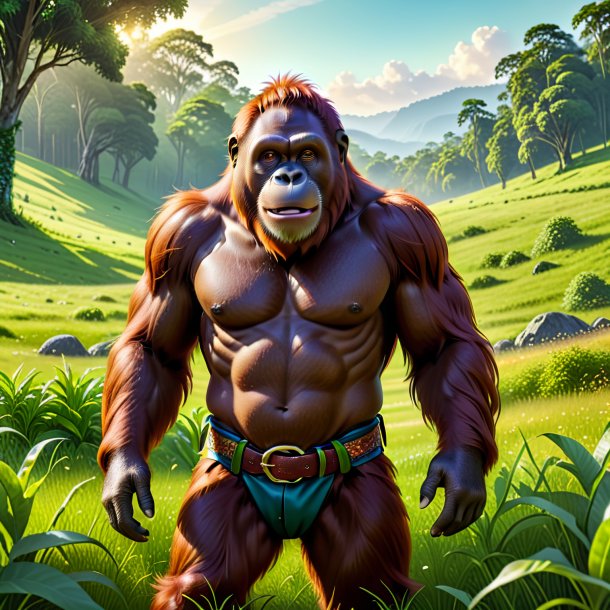 Illustration of a orangutan in a belt in the meadow