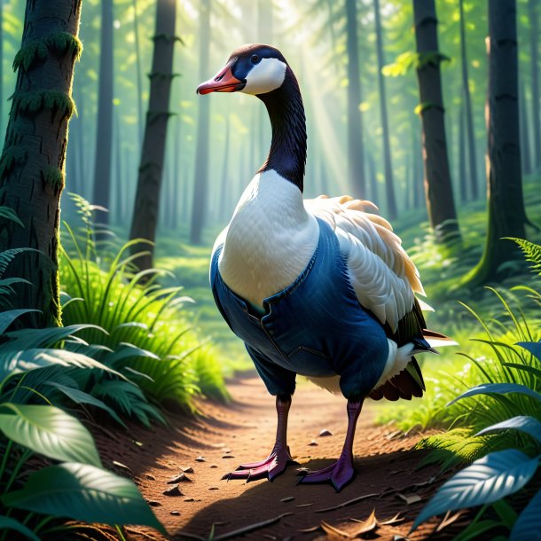 Image of a goose in a jeans in the forest