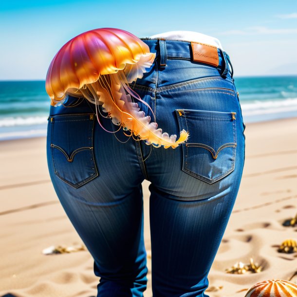 Imagem de uma água-viva em um jeans na praia