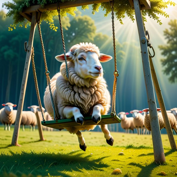 Picture of a swinging on a swing of a sheep on the field