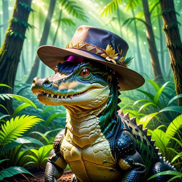 Picture of a alligator in a hat in the forest