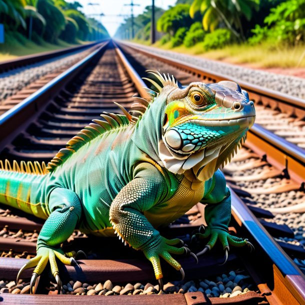 Foto de una iguana en un cinturón en las vías del ferrocarril