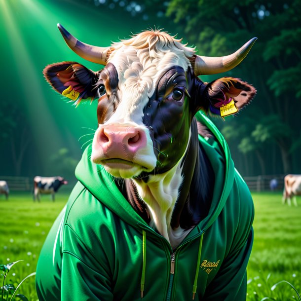 Picture of a cow in a green hoodie