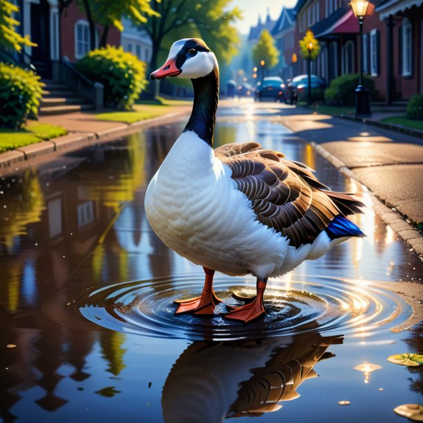 Drawing of a goose in a dress in the puddle