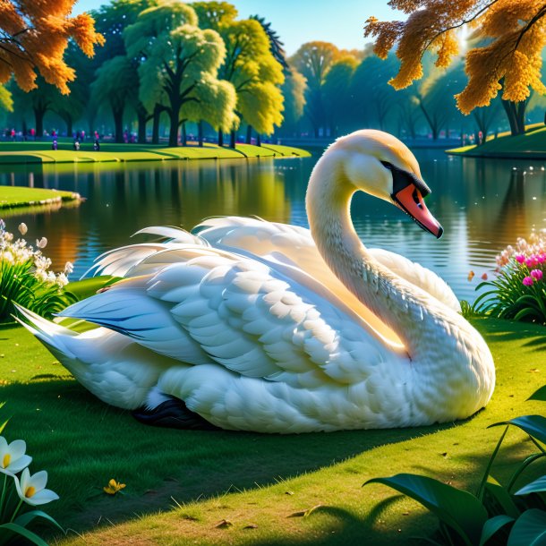 Picture of a sleeping of a swan in the park