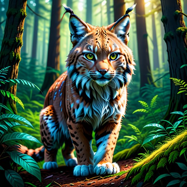 Illustration of a lynx in a gloves in the forest