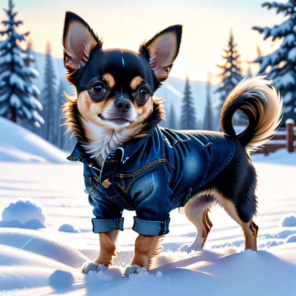 Dibujo de un chihuahua en jeans en la nieve