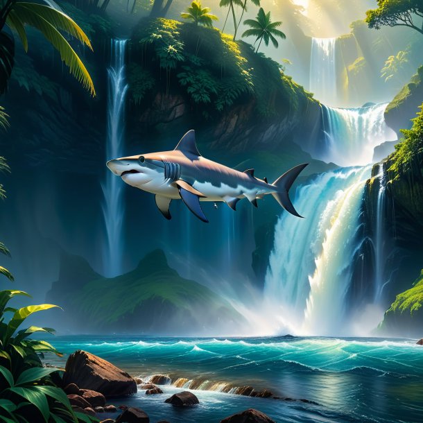 Picture of a hammerhead shark in a jeans in the waterfall