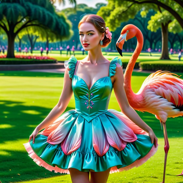 Pic of a flamingo in a dress in the park