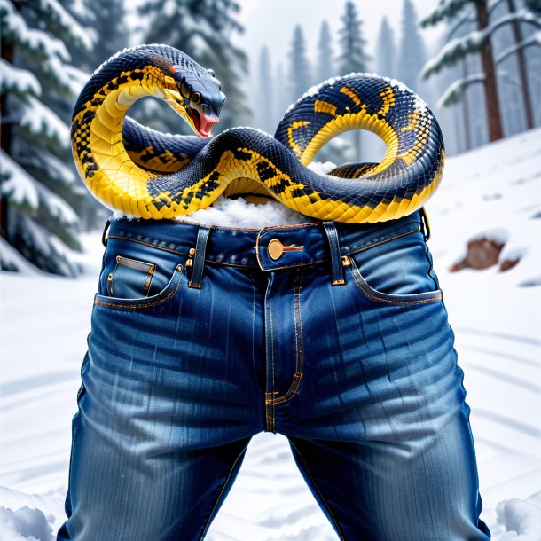 De uma cobra em um jeans na neve