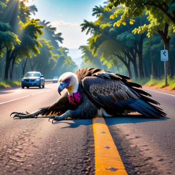 Picture of a sleeping of a vulture on the road