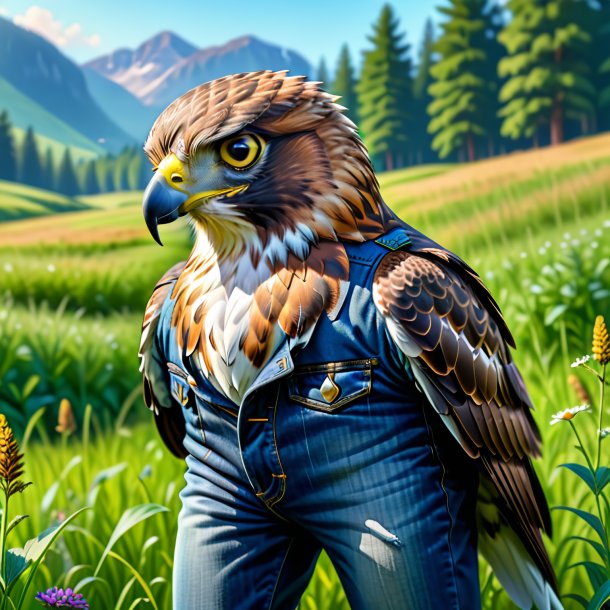 Illustration of a hawk in a jeans in the meadow