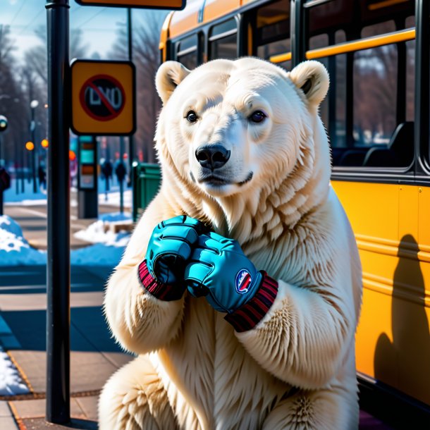 Foto de um urso polar em luvas no ponto de ônibus