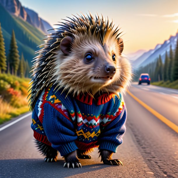 Picture of a porcupine in a sweater on the road